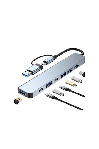 Alüminyum Usb Hub 7 in 1 Usb  / Type-C To Usb A, Usb C, Usb 2.0
