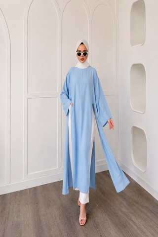 Unika Boutique Kadın Uzun Yırtmaçlı Abaya Tunik mavi