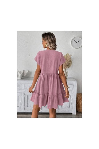 Butik İstanbul Kadın Kısa Kollu V Yakalı Fırfırlı Kısa Elbise Pembe