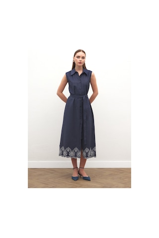 Sateen Nakış Detaylı Uzun Elbise - Lacivert-137169 Lacivert