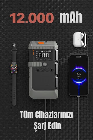 Auhma A7711 Akü Takviye Cihazı 4'ü 1 Arada Powerbank, Hava Kompresörü, Lcd Ekran, 12.000mah 150psı