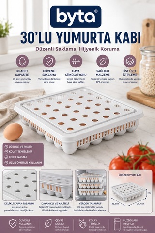 30'lu Kapaklı Yumurta Saklama Kabı Buzdolabı Düzenleyici Ve Yumurta Organizeri Gri