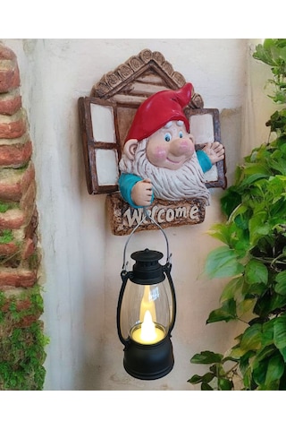 1 Adet Dekoratif Duvar Ve Bahçe Süsü Fenerli Sevimli Cüce Kırmızı