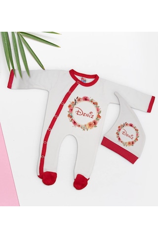 Bk Kids Kişiye Özel Çiçek Tasarımlı Kırmızı Tulum Zıbın Ve Kukule Çok Renkli