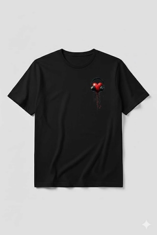 Kalp Kulaklık Baskılı Sevgililer Günü Pamuklu Kadın T-shirt Siyah