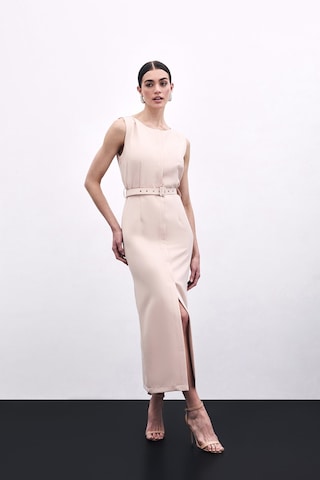 Sateen Kemerli Kalem Elbise - Bej-135812 Bej