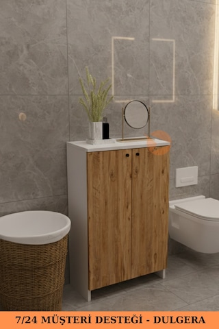 2 Kapaklı 4 Raflı Dolap Çok Amaçlı Dolap Banyo Dolabı Banyo Rafı Çam