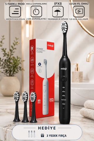 Mioji Oral B1 Şarj Edilebilir IPX8 5 Modlu Diş Fırçası Siyah + 3 Yedek Başlık