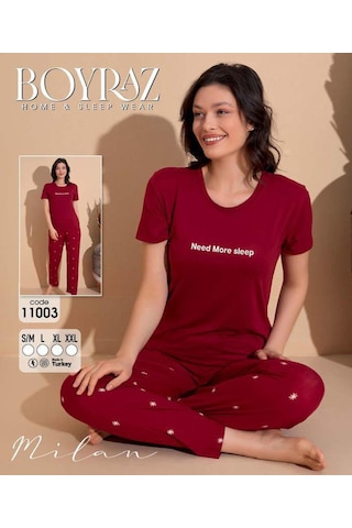 Boyraz Slim Fit Dar Kesim Kadın Milan Bisiklet Yaka Kısa Kol Pijama Takımı 11003b - 1 Adet Bordo