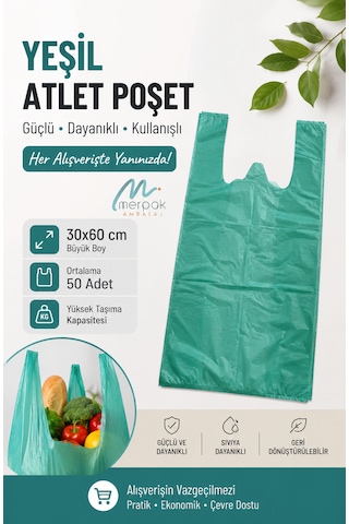 Kalın Yeşil Poşet Büyük Boy 1 Kg Hışır Atlet Poşet 30x60 Cm Çöp Poşeti Market Manav Poşeti