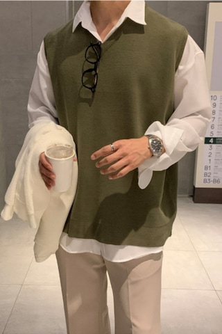 Erkek V Yaka Oversize Süveter Haki