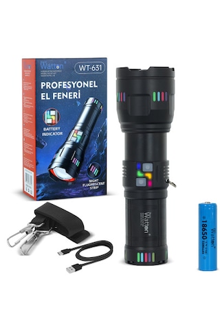 Watton Lazer Etkili Profesyonel El Feneri Watton Wt-631- 30,000 Lümen Siyah