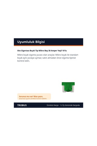 Trobus Oto Sigortası Bıçak Tip Mikro Boy 30 Amper Yeşil 10'lu Diğer