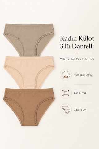 Nicoletta Kadın Külot 3 Lü Paket Likralı Dantelli Pamuklu Likrali 313009 Çok Renkli
