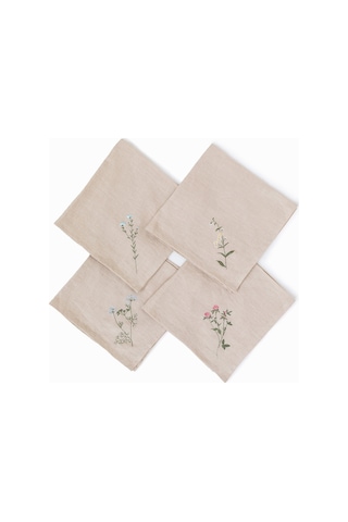 4'lü Kır Çiçeği İşlemeli Peçete Seti, Doğal Keten Peçeteler Naturel