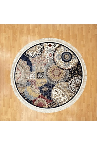Mozaik Desenli 200 X 200 Yuvarlak İpek Halı Lacivert