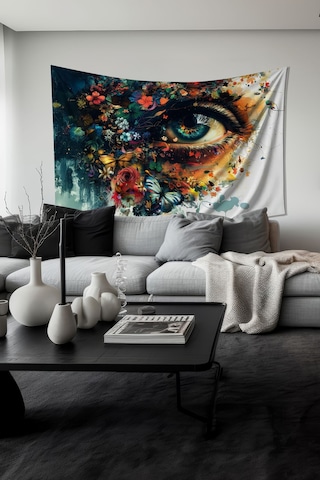 Çiçekli Göz Desenli Duvar Halısı Duvar Örtüsü Tapestry Süet Dokulu Kumaş