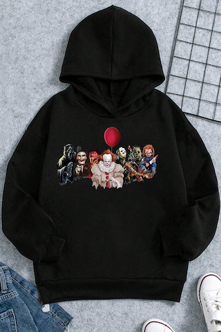 Korku Karakterleri Baskılı Erkek - Kız Çocuk Rahat Kalıp Sweatshirt Siyah
