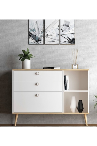 Floradesign Italy 120cm Şifonyer /çekmeceli Raflı Şifonyer / Çok Amaçlı Dolap/ Konsol Meşe/beyaz