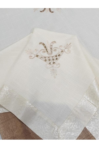 Finezza Karmen Nakışlı Keten Kumaş Bej Masa Örtüsü 160x220 Cm - 9