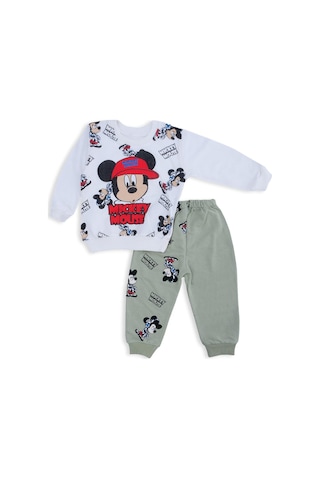 Erkek Bebek Mickey Mouse Baskılı Şapkalı Alt Üst 2'li Takım 001
