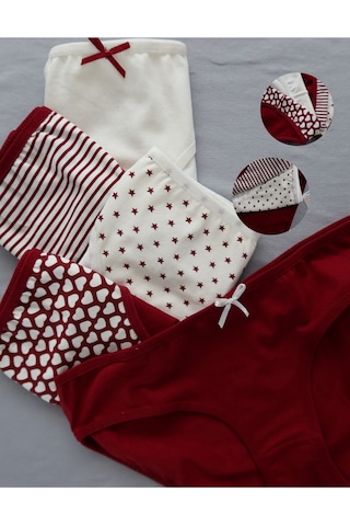 Alya Underwear Kız Çocuk Kalpli Dokuma Lastik Pamuklu Kumaş Slip Külot 5'li Paket 5 Adet Beyaz Bordo P27