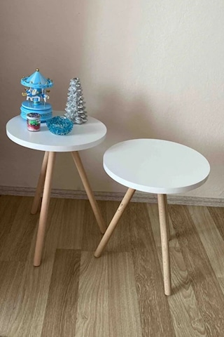 2'li Zigon Sehpa Seti Saksılık Ve Çiçeklik Standı, Dekoratif Yan Sehpa Ahşap Ayaklı 33 Cm Çap - Beyaz Beyaz