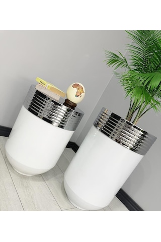 Elegant Dekoratif Krom Darbuka Parlak Beyaz Saksı 70cm + 60cm Sehpa İkili Set