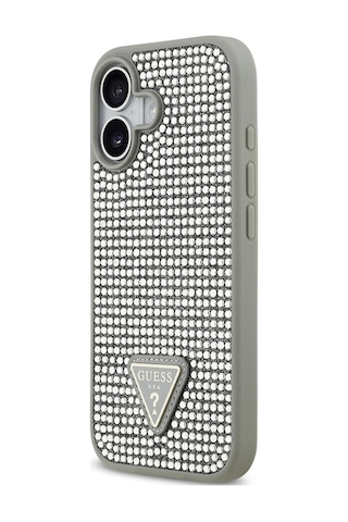 Apple Uyumlu iPhone 17 Kılıf Guess Lisanslı Taşlı Arka Yüzey Üçgen Logolu Kapak Gümüş