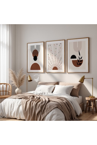 Kahverengi Bohem 3'lü Soyut Poster Seti, Modern Minimalist Duvar Dekorasyonu