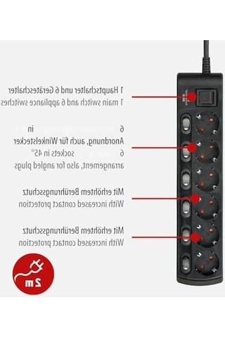 6 Soketli Güç Şeridi, 2 Metre, Anahtarlı 0