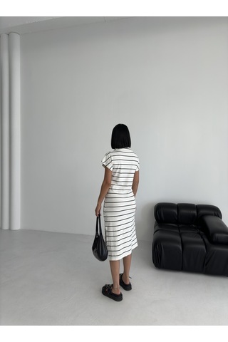 Kadın Pamuklu Polo Yaka Çizgili Elbise Beyaz