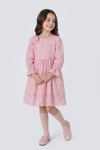 Pina Kids Kız Çocuk Omzu Fiyonk Detaylı Uzun Kollu Fisto Elbise Pembe