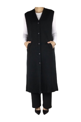 Kadın Önü Düğmeli Uzun Cepli Mevsimlik Çelik Örgü Yelek Siyah