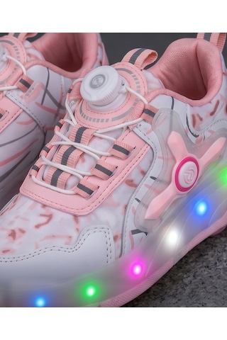2256-n-drops Led Işıklı Çift Tekerlekli Akıllı Bağcıklı Unisex Çocuk Patenli Ayakkabı Beyaz - Pembe