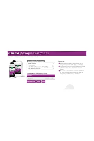 Çinko Ve Fosfor Gübresi 3-15-0+6Zn (Elfer Znp)1 L