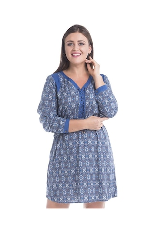 Önü Kuşgözlü Uzun Kollu Elbise -89 Açık Mavi