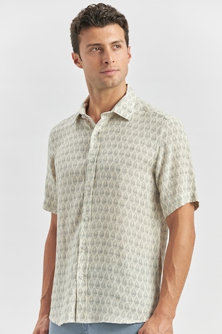 İmza Koyu Lacivert Kısa Kollu Baskılı Düğmeli Yaka Keten Casual Slim Fit Dar Kesim Gömlek 1004240241 Koyu Lacivert