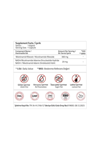 Validus Nikotinamid Ribosid 300 Mg Nadh 20 Mg 30 Kapsül