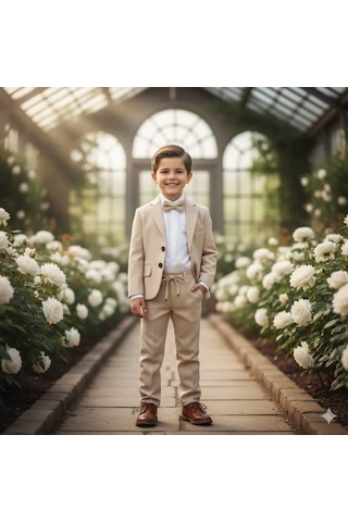 Erkek Çocuk Damatlık 4 Parça Bej Blazer Ceket & Gömlek & Pantalon & Papyon Şık Takım Elbise 5428-