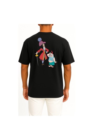 Bahriyeli Collection Oversize Tinker Bell Captain Hook Peter Pan Smee Poster Cep Ve Sırt Tasarımlı Unisex T-shirt SIYAH