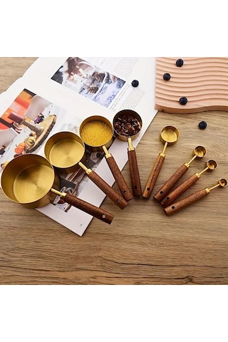 Valkyrie 8 Adet Paslanmaz Çelik Ahşap Saplı Ölçü Kaşığı Seti Ölçü Kabı 1.25ml 2.5ml 5ml 15ml 60ml 80ml 125ml 250ml Altın