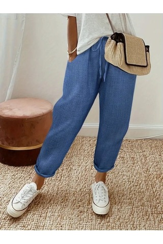 Simala Kadın Yüksek Bel Lastikli Belde Bağcık Detaylı Aerobin Pantolon Mavi