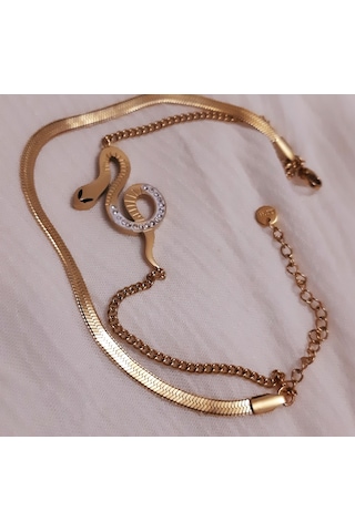 Giftworld Çelik Gold Yılan Bileklik / İki Bileklik Görünümlü Altın