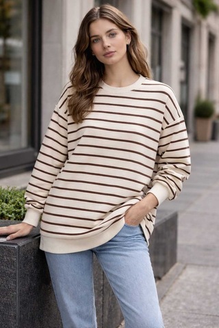 Tenra Oversize Geniş Kalıp Kadın Sweatshirt Bisiklet Yaka Basic Çizgili Kahverengi