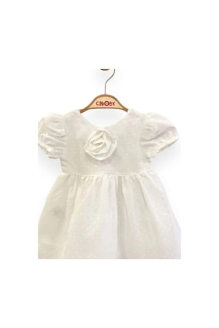 Çikoby Kız Bebek Gül Detaylı Şık Elbise-13761 Beyaz