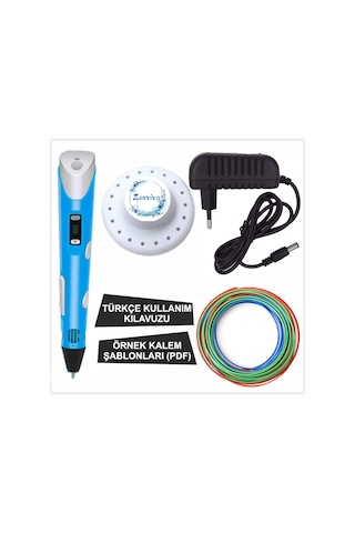 Mavi Renk 3d Kalem + 3 Renk Toplam 10 Metre Pla Filament + Şablon