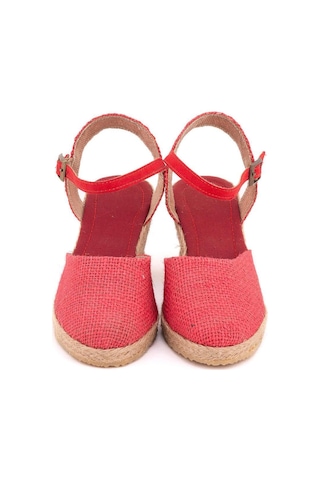 Star Tombis Gerçek Elişi Topuğu Açık Bilekten Bantlı Dolgu Topuk Keten Hasır Espadril Handmade Kırmızı