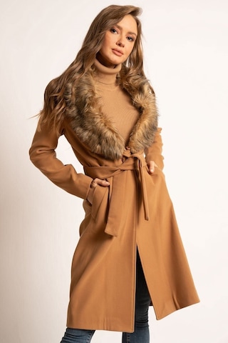 Lavajeans Yakası Kürklü Kadın Kaşe Kaban Kahverengi