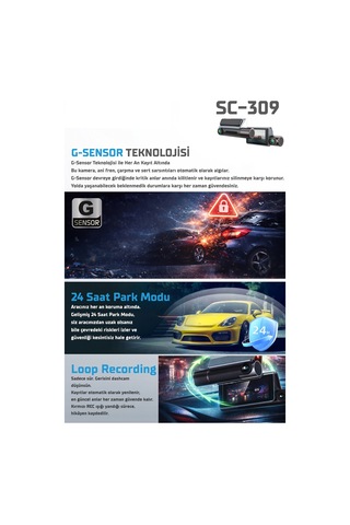 Kayıt Cihazı 4k 3.2'' Dokunmatik Ekran 3 Kameralı Araç İçi Kamera Sc-309